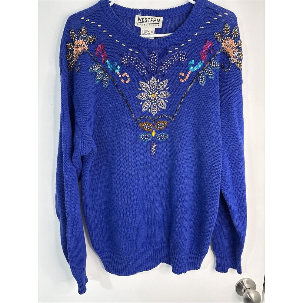 Vintage Western Connection‎ Womens M Sweater Sequins Sparkle 80s 90s Bold Blue